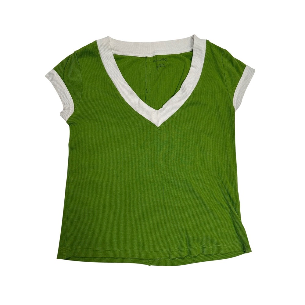 Pilcro V-Neck‎ Top Olive Green White Trim Short Sleeve Casual Tee size XS